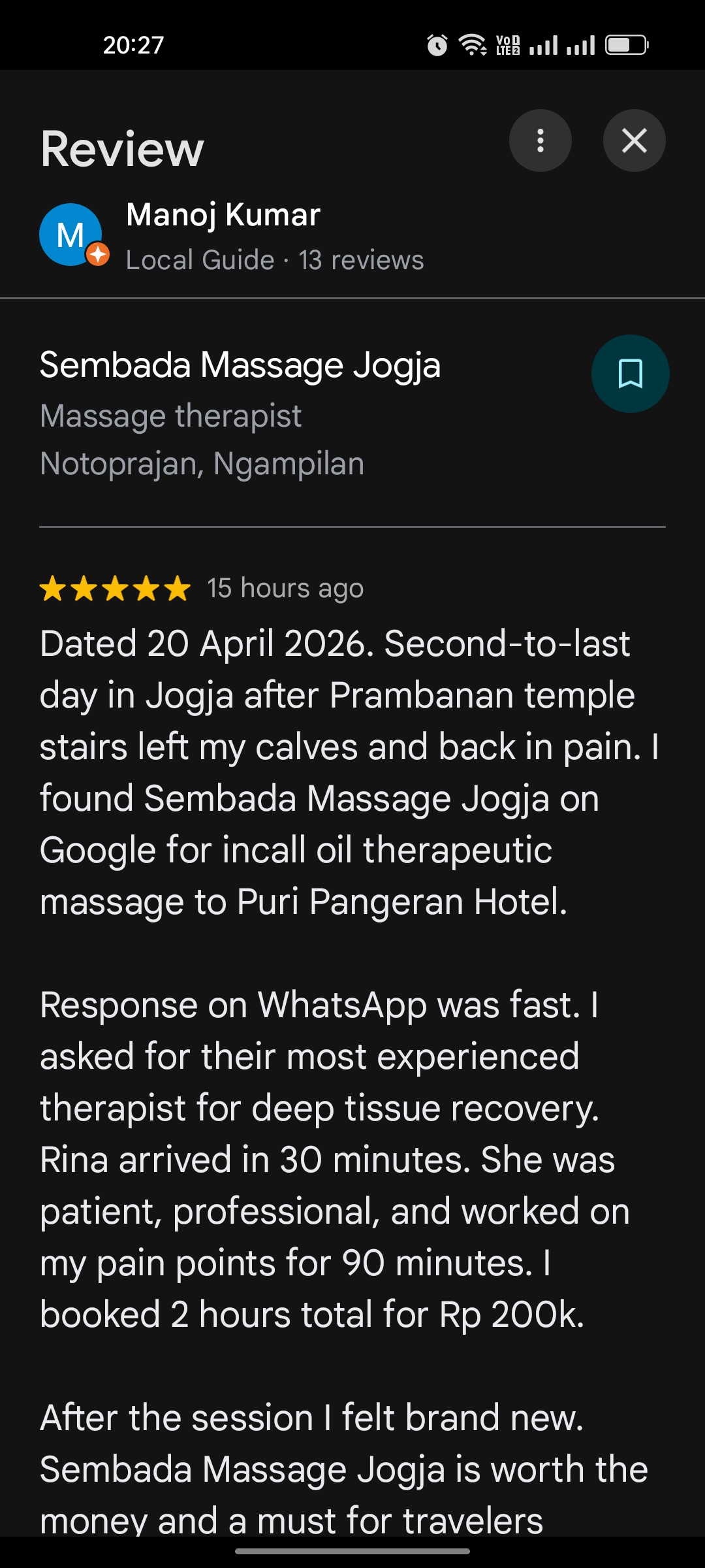 Prambanan Temple: The 00:00 Guide to Java’s Hindu Twin Manoj Kumar 5-star Google review for Sembada Massage Jogja deep tissue massage in Yogyakarta after Prambanan Temple. Therapist Rina, 90 mins, Rp 200k, incall to Puri Pangeran Hotel