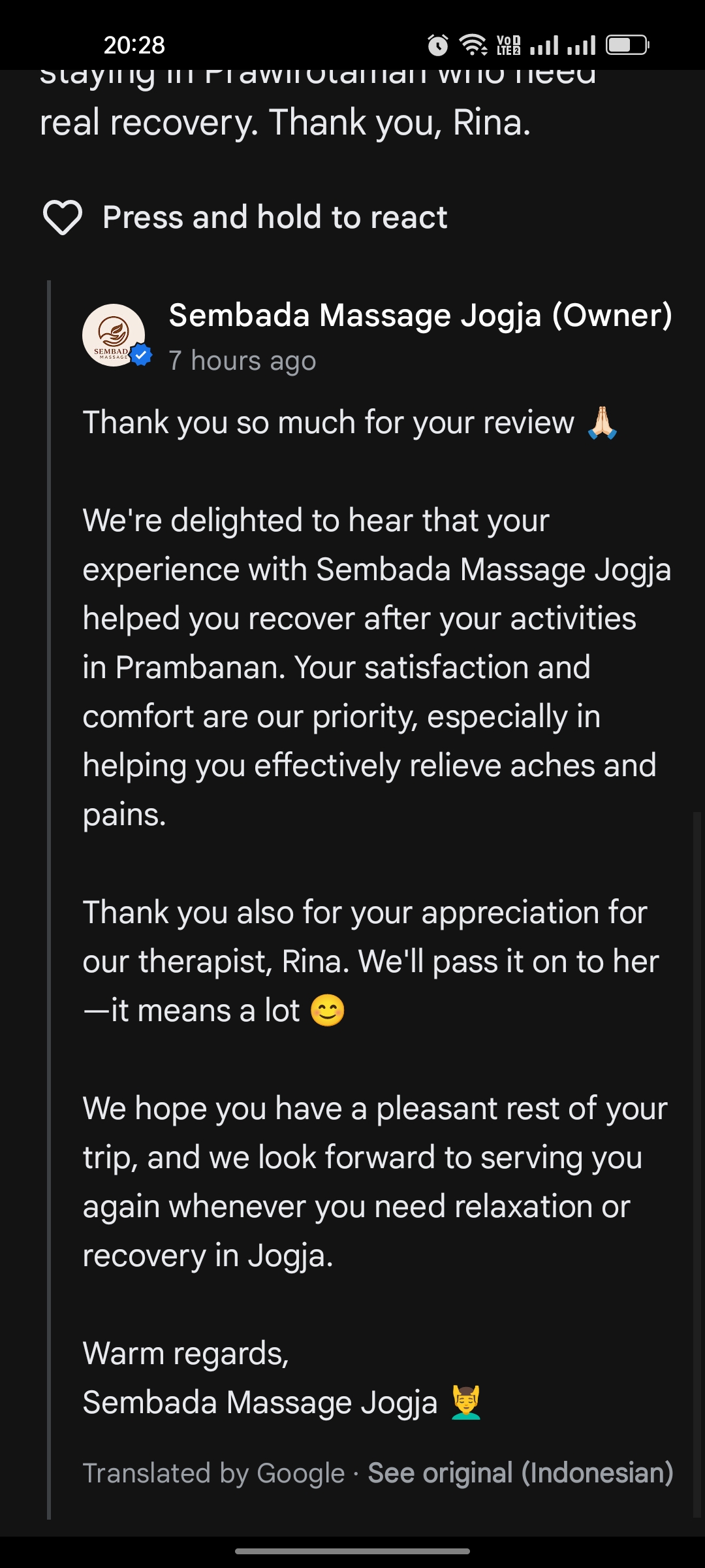 Prambanan Temple: The 00:00 Guide to Java’s Hindu Twin Sembada Massage Jogja owner reply to Manoj Kumar 5-star review thanking for feedback on therapist Rina deep tissue recovery massage Yogyakarta