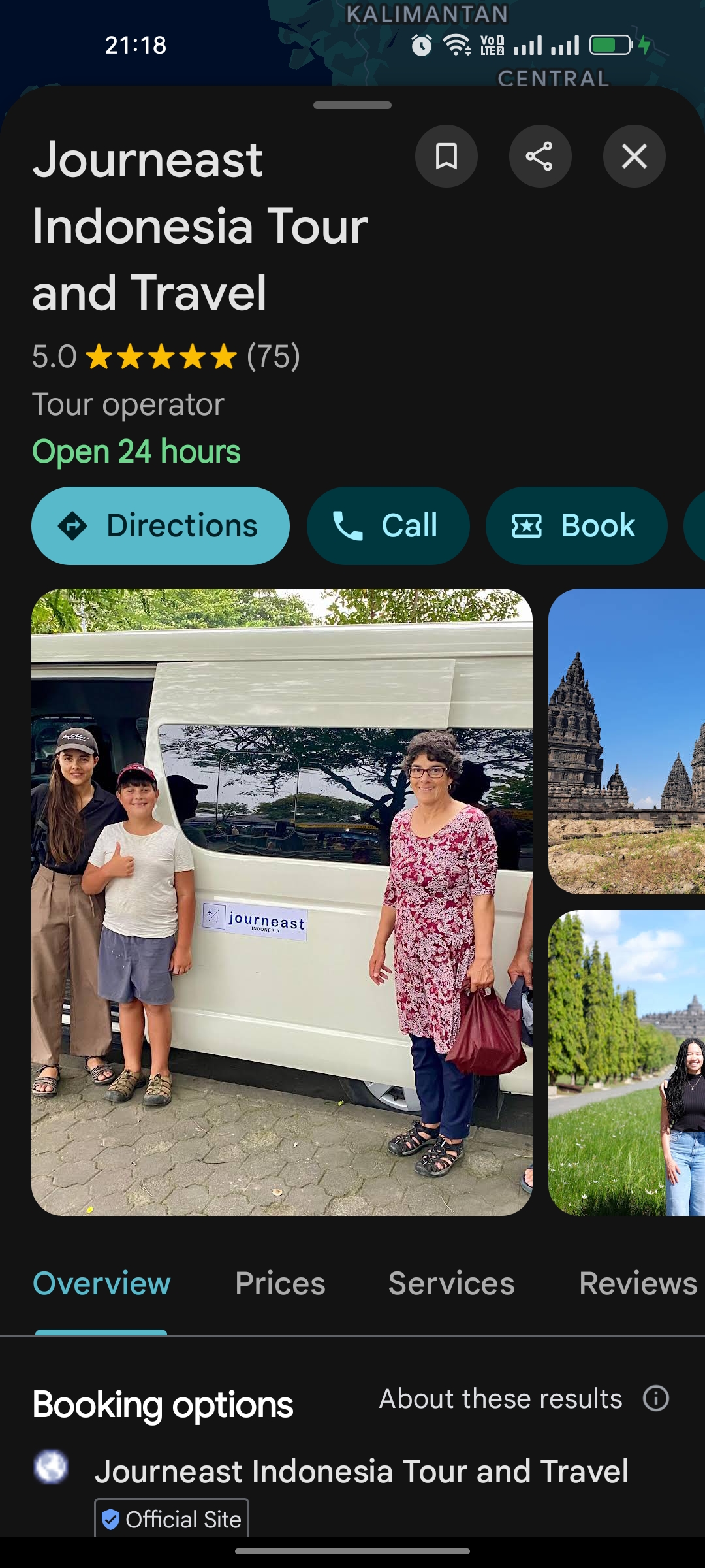 Prambanan Temple: The 00:00 Guide to Java’s Hindu Twin Journeast Indonesia Tour and Travel Google Maps listing showing 5.0 star rating from 75 reviews, tour van and Prambanan Temple photos, Yogyakarta private driver service