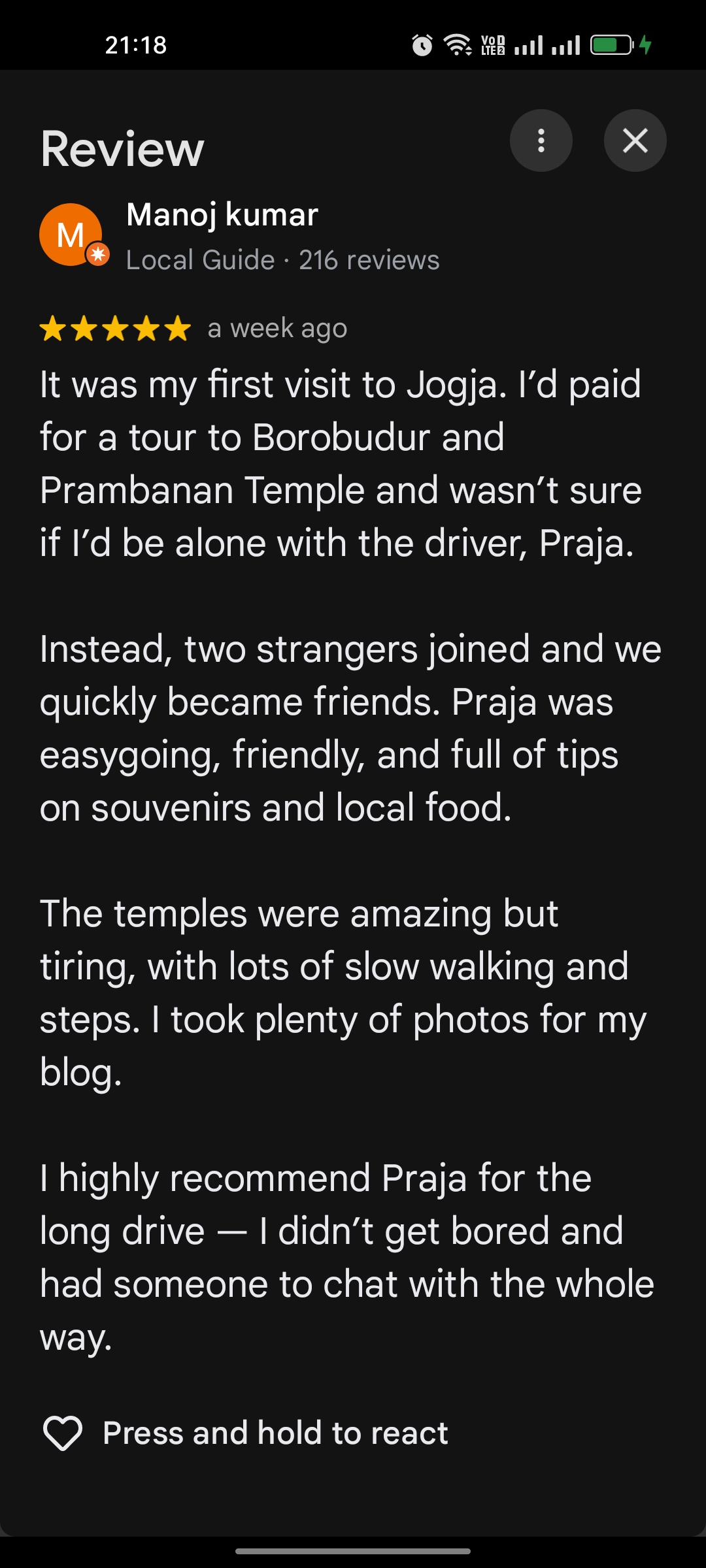 Prambanan Temple: The 00:00 Guide to Java’s Hindu Twin Manoj Kumar 5-star Google review for Journeast Indonesia Tour praising driver Praja for Borobudur sunrise and Prambanan Temple private tour Yogyakarta solo travel