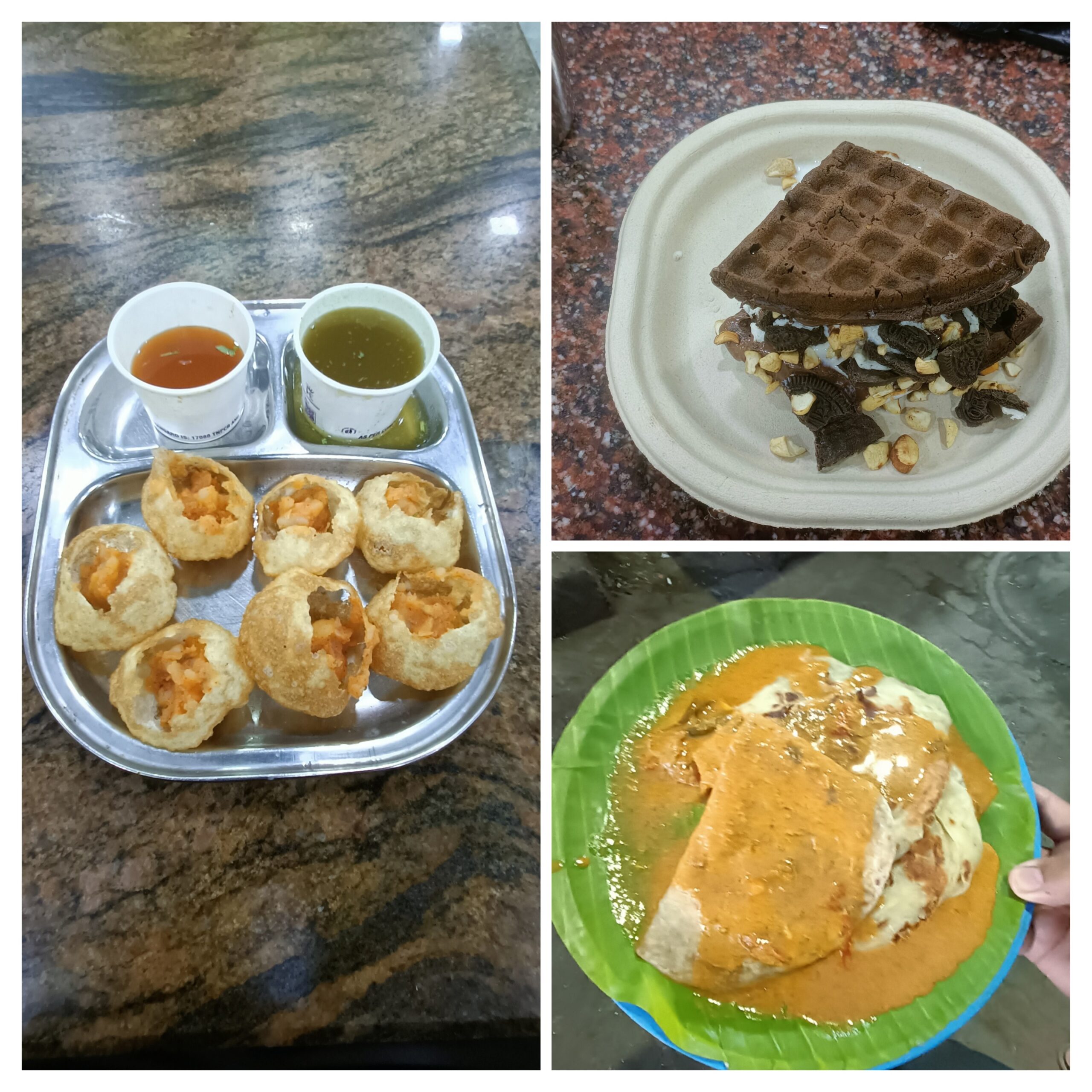 Pani Puri, Rocky road ice cream with waffles and rotis for early supper 