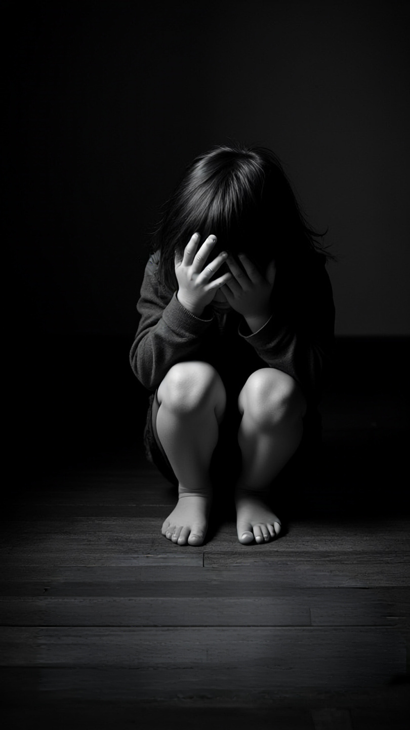 The child is seated alone in the darkness hiding face while crying, symbolizing feeling lost before finding his voice.