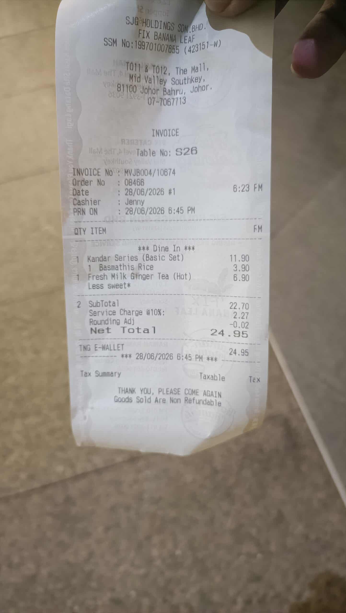 Fix Banana Leaf receipt RM24.90 cashless payment only