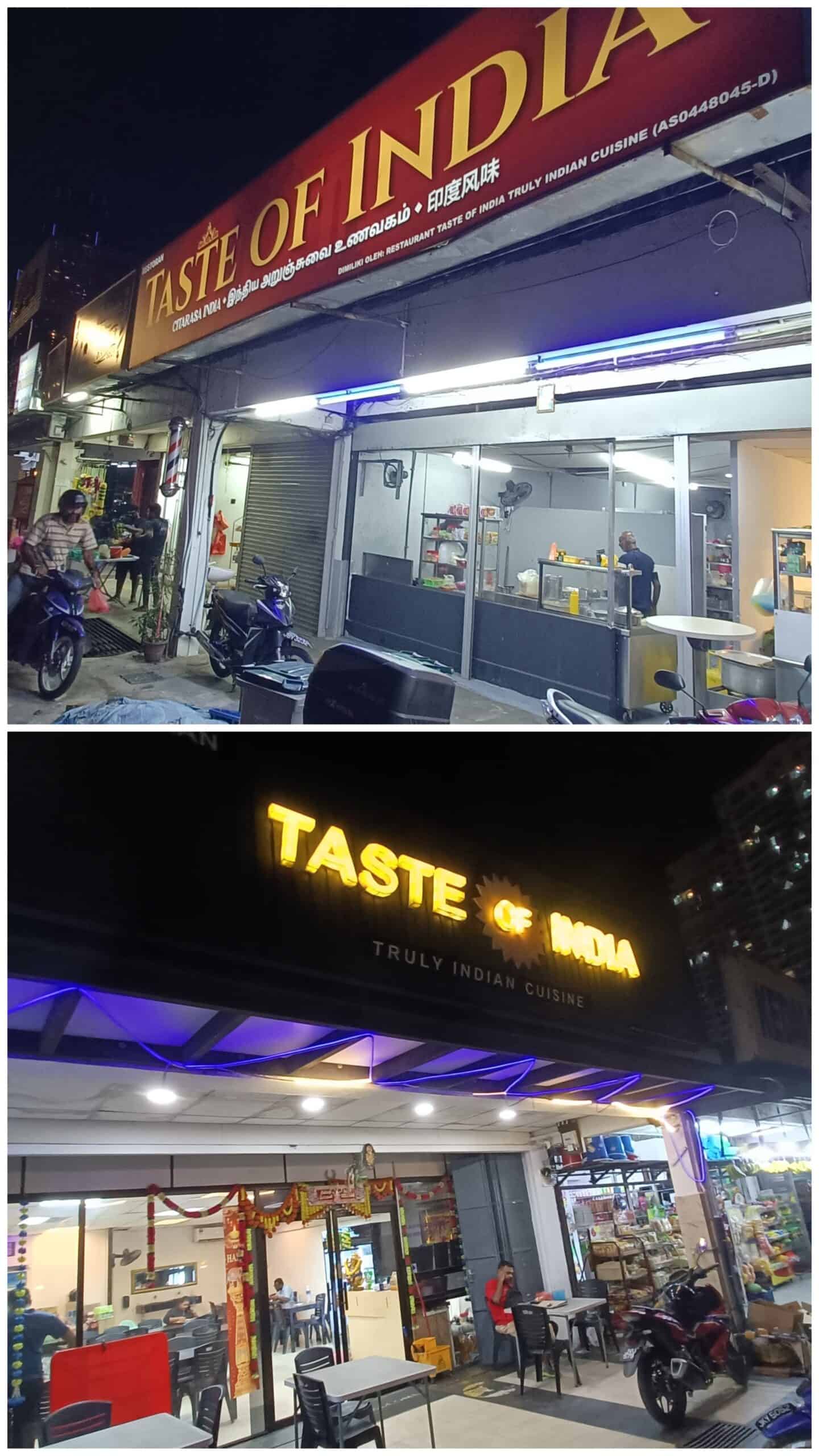 Taste of India restaurant Johor bahru storefront at night.